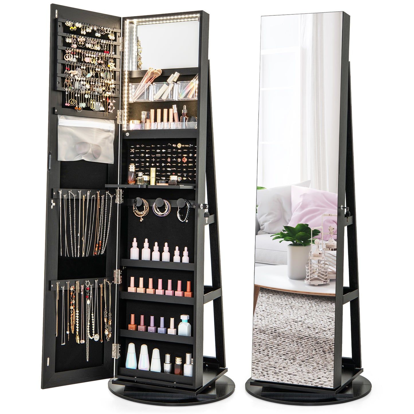 360-Degree Mirrored Jewelry Armoire with 3-Color Auto-on LED Lights-Rustic Brown