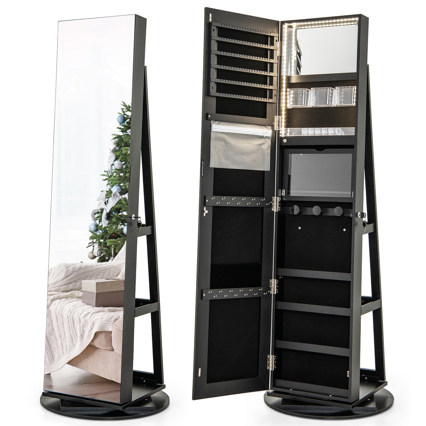 360-Degree Mirrored Jewelry Armoire with 3-Color Auto-on LED Lights-Rustic Brown