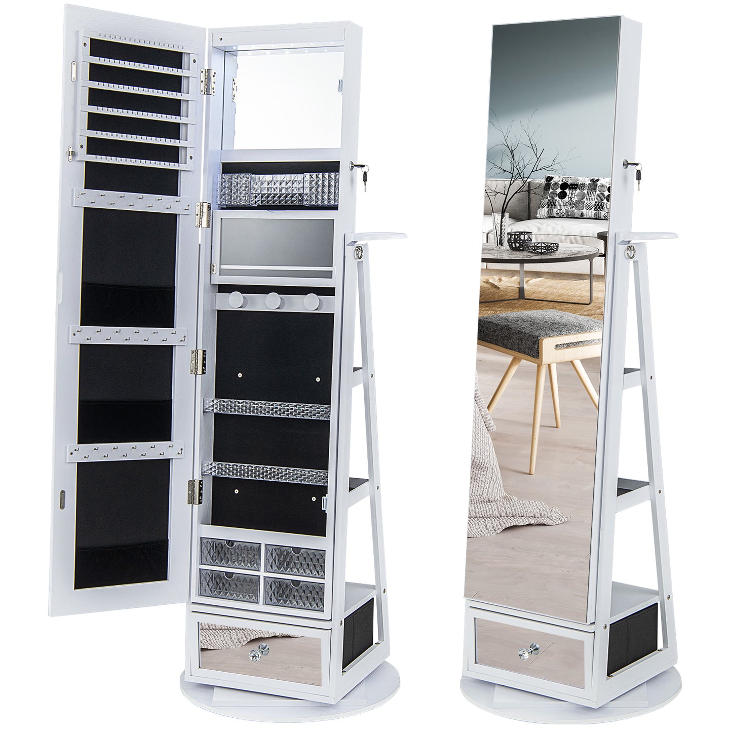 360° Swivel Lockable Jewelry Armoire Cabinet with Full-Length Mirror-Rustic Brown