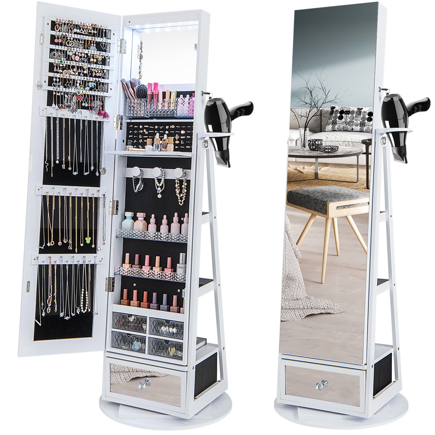 360° Swivel Lockable Jewelry Armoire Cabinet with Full-Length Mirror-Rustic Brown