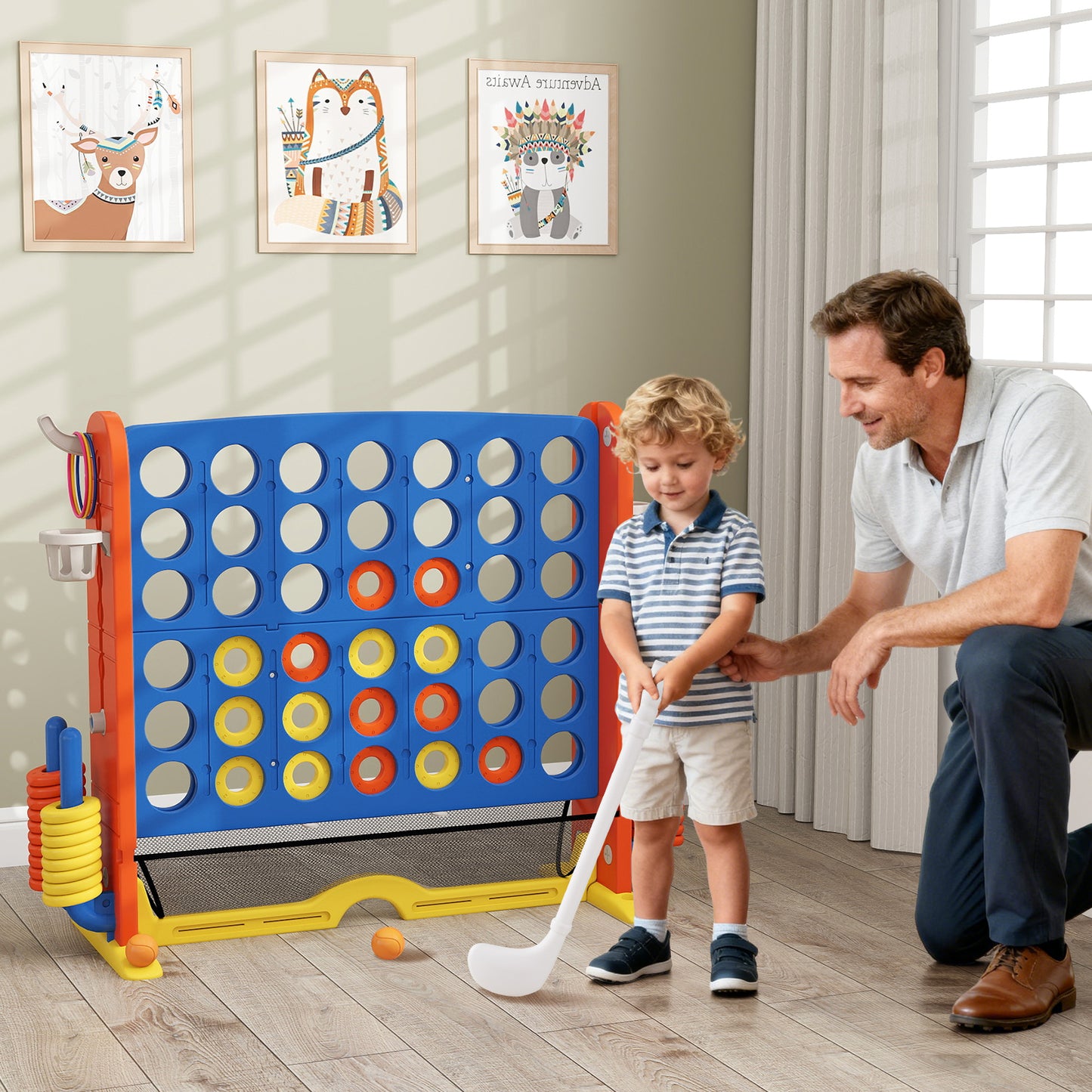 Jumbo 4-in-a Row Game Set with Basketball Hoop and 42 Rings-Green & White