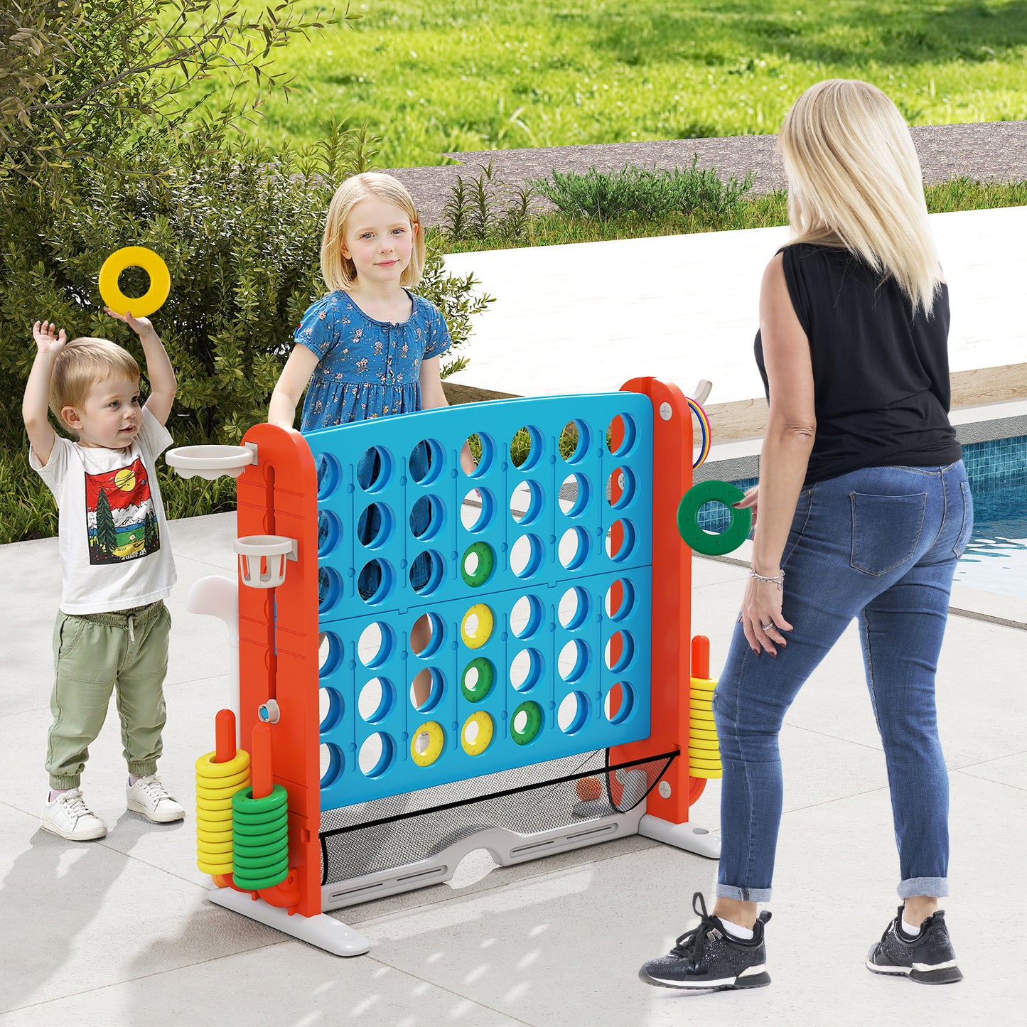 Jumbo 4-in-a Row Game Set with Basketball Hoop and 42 Rings-Green & White
