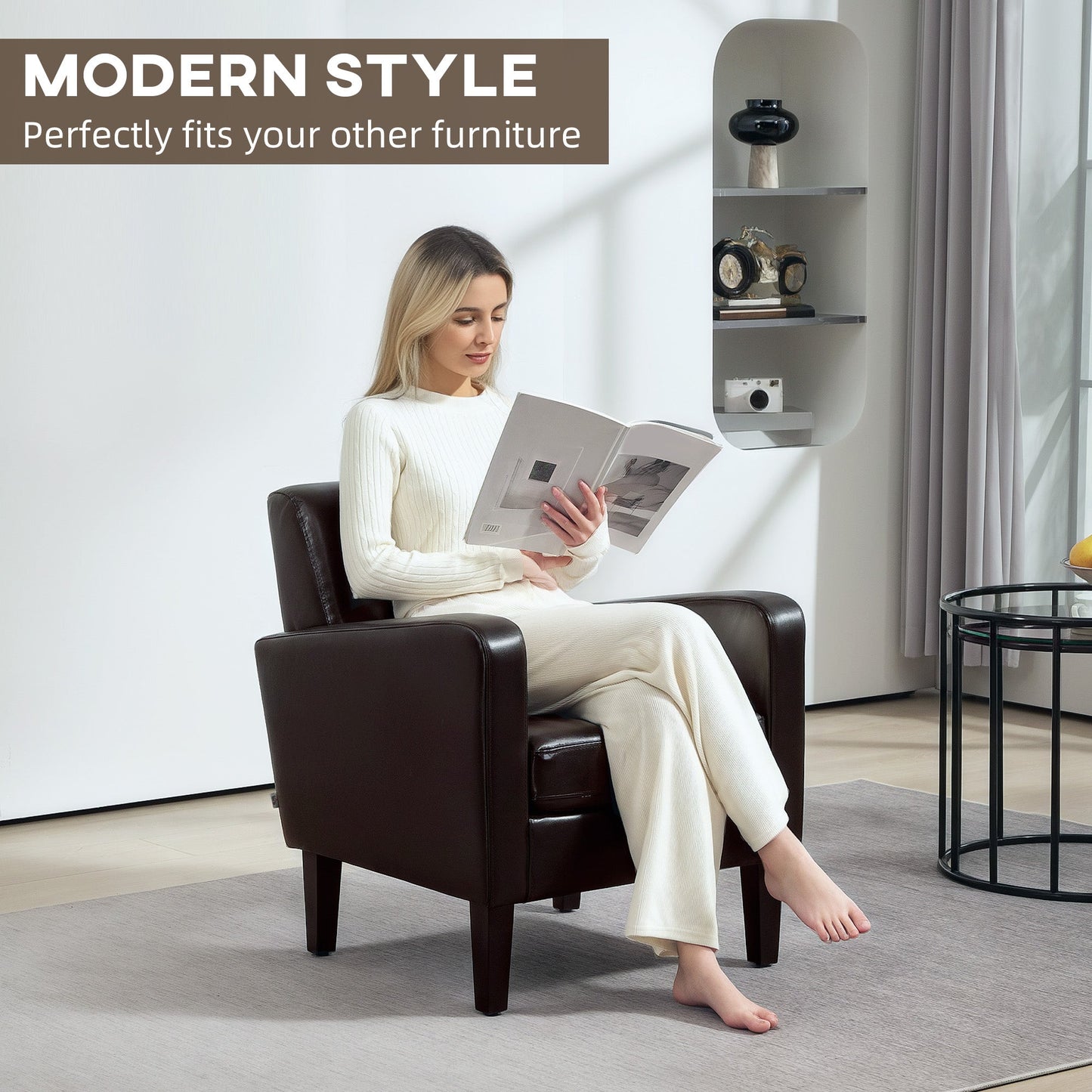 HOMCOM Armchair Accent Chair with Eucalyptus Wood Legs for Bedroom Brown