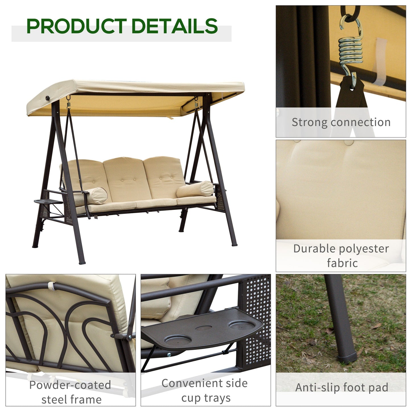 Steel Swing Chair Hammock Garden 3 Seater Canopy Cushion Shelter Beige
