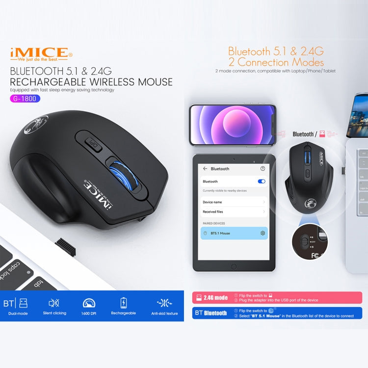 iMICE G-1800 Rechargeable 4 Buttons 1600 DPI 2.4GHz & Bluetooth Silent Wireless Mouse for Computer PC Laptop (Black)