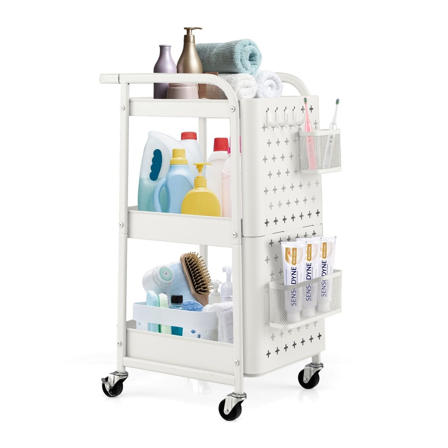 3-Tier Rolling Storage Organizer Cart with Dual DIY Pegboards-Gray