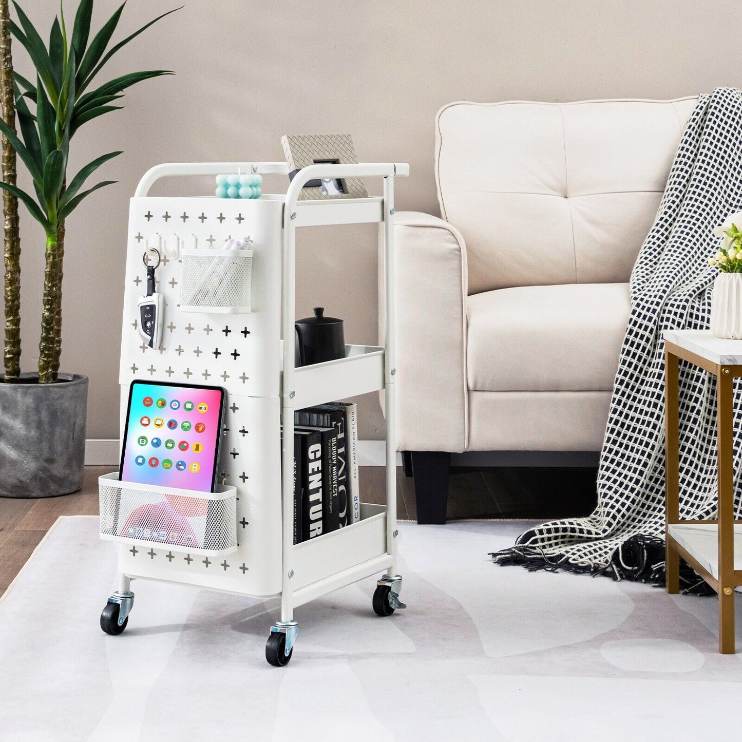 3-Tier Rolling Storage Organizer Cart with Dual DIY Pegboards-Gray