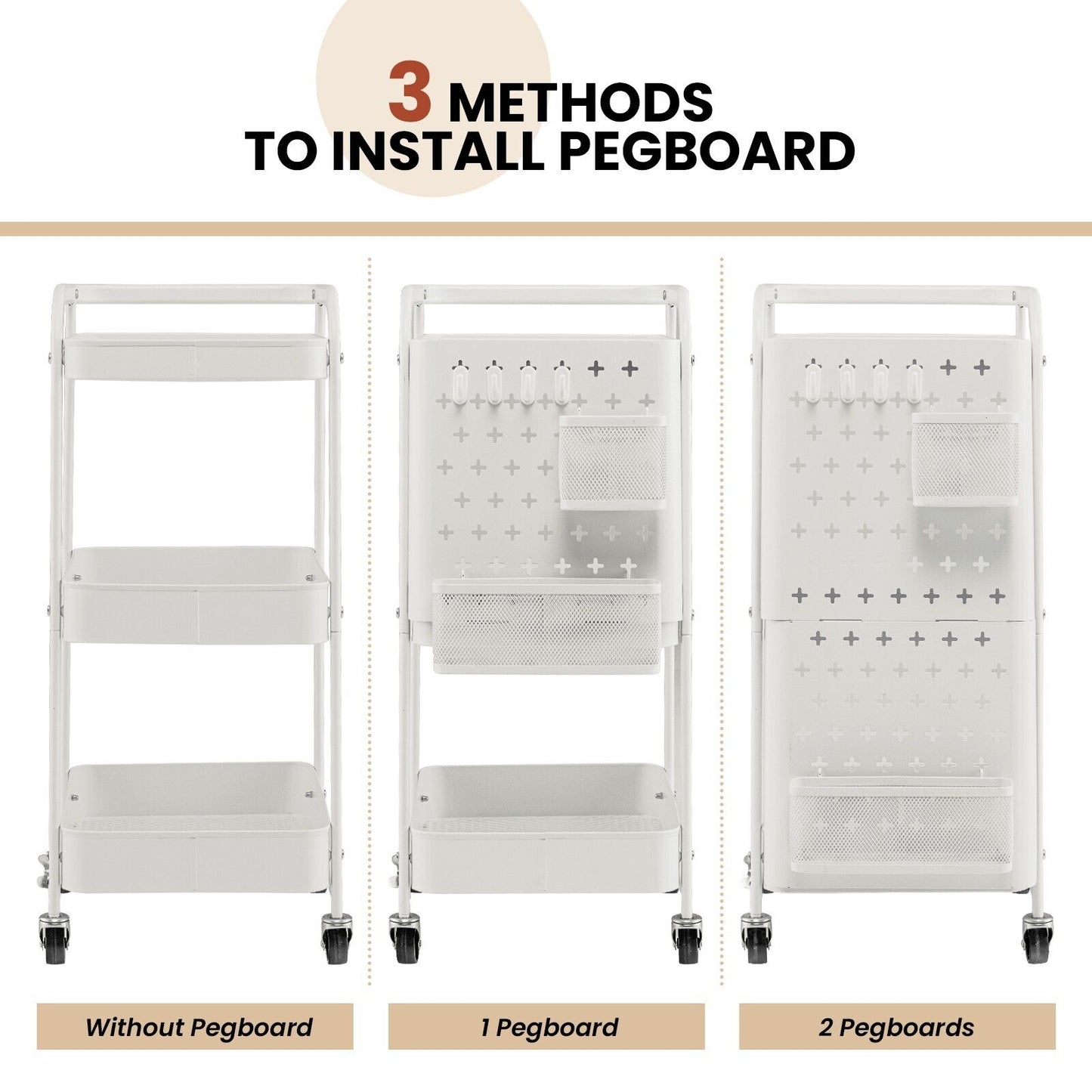 3-Tier Rolling Storage Organizer Cart with Dual DIY Pegboards-Gray