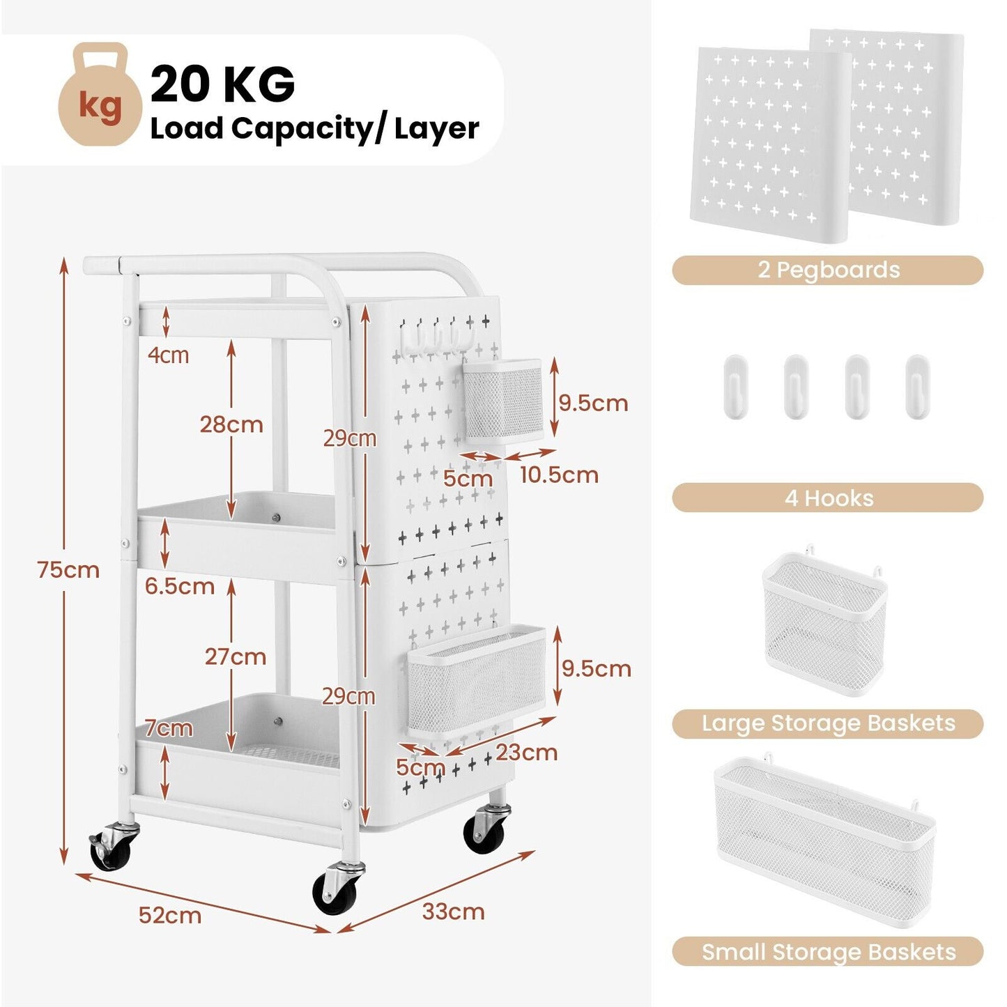 3-Tier Rolling Storage Organizer Cart with Dual DIY Pegboards-Gray