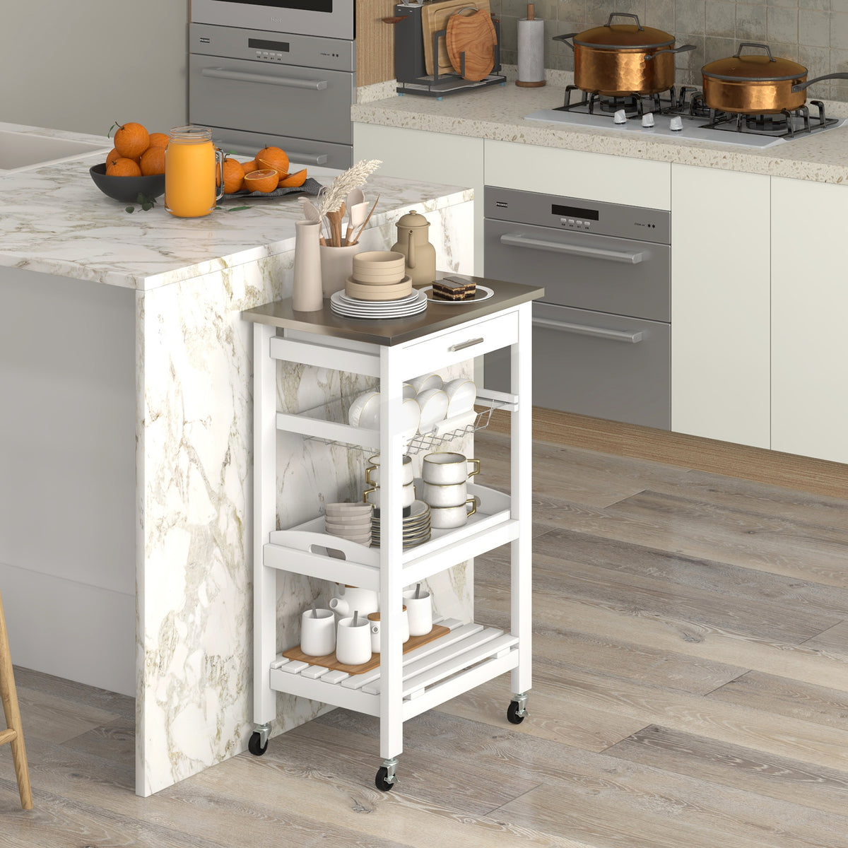 4-Tier Rolling Trolley Cart with Lock Wheels Basket and Drawer-Grey