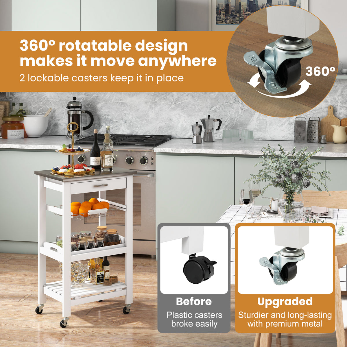4-Tier Rolling Trolley Cart with Lock Wheels Basket and Drawer-Grey