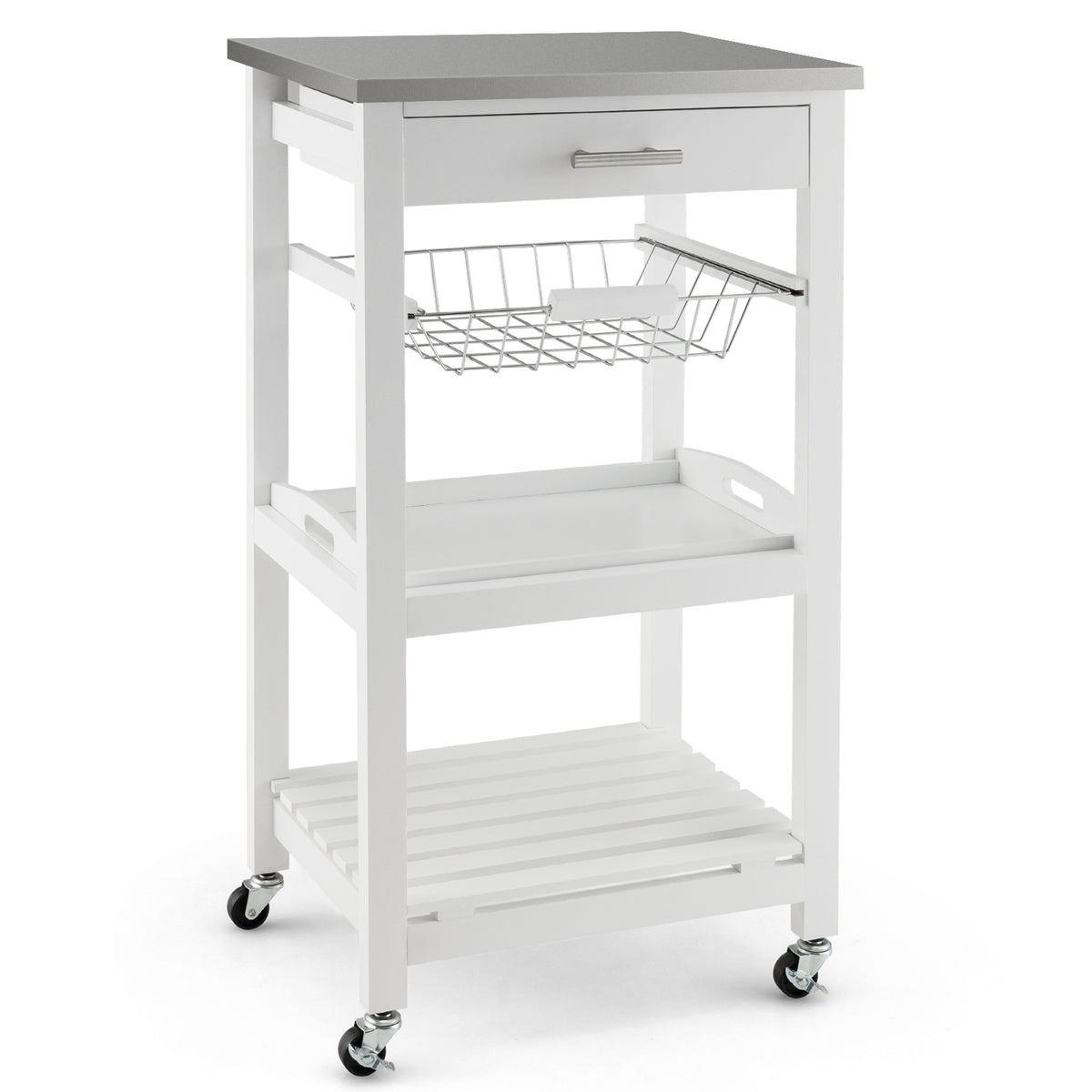 4-Tier Rolling Trolley Cart with Lock Wheels Basket and Drawer-Grey