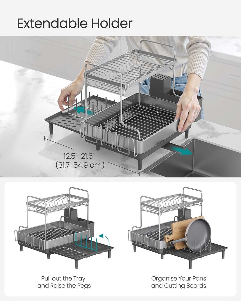 Songmics Stainless Steel Dish Drainer Rack, New but taken out of box, 1 clip holding the rack in the tray broken, rack is still stable, open, scruffy box