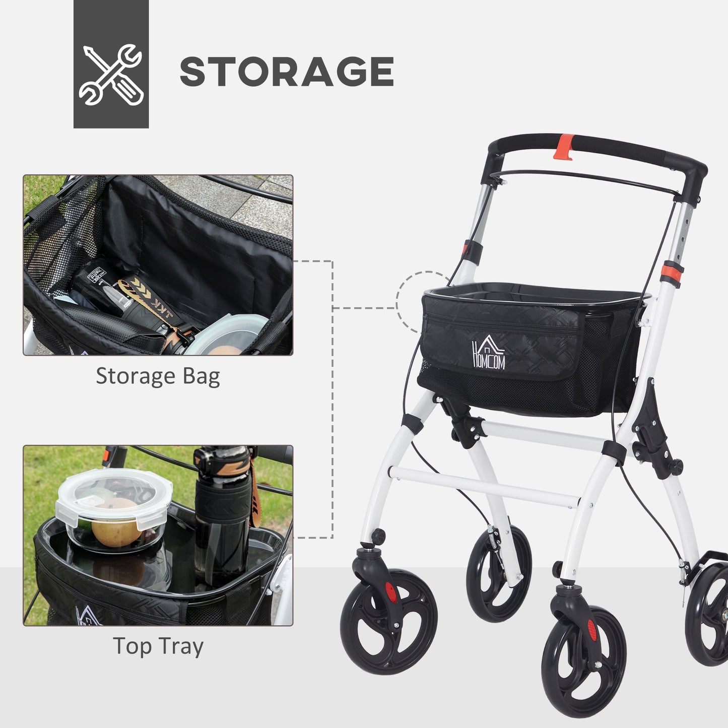 HOMCOM Folding Upright Rollator Walker with Storage Bag, Tray, White