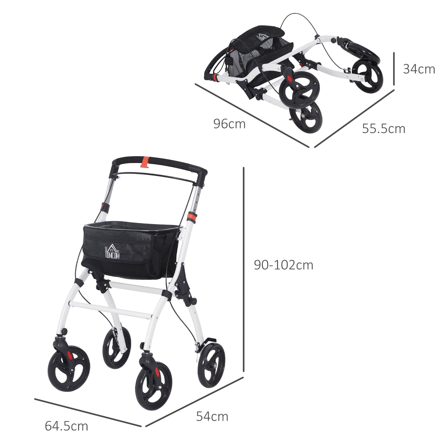 HOMCOM Folding Upright Rollator Walker with Storage Bag, Tray, White