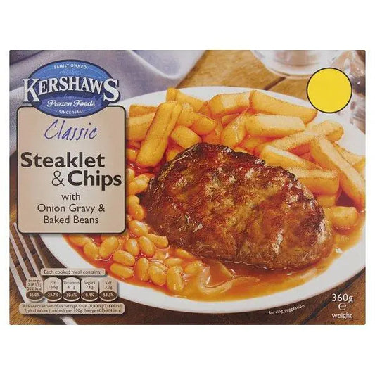 Kershaws Classic Steaklet & Chips with Onion Gravy & Baked Beans 360g