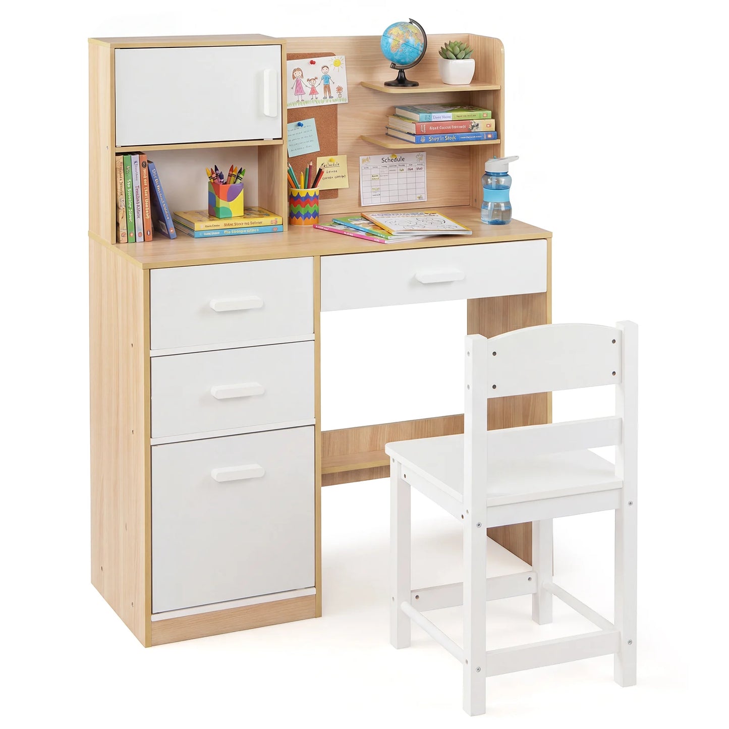 Kids Desk and Chair Set Study Table with Hutch Bulletin Board 3 Drawers-Grey