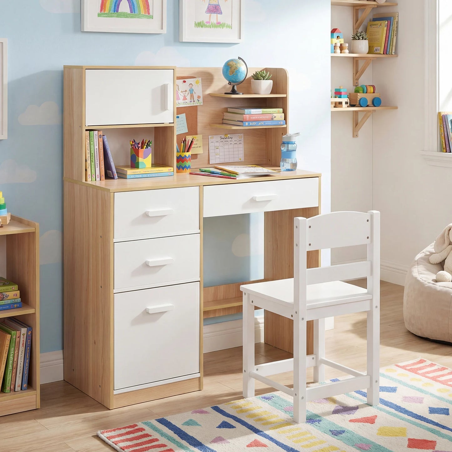 Kids Desk and Chair Set Study Table with Hutch Bulletin Board 3 Drawers-Grey