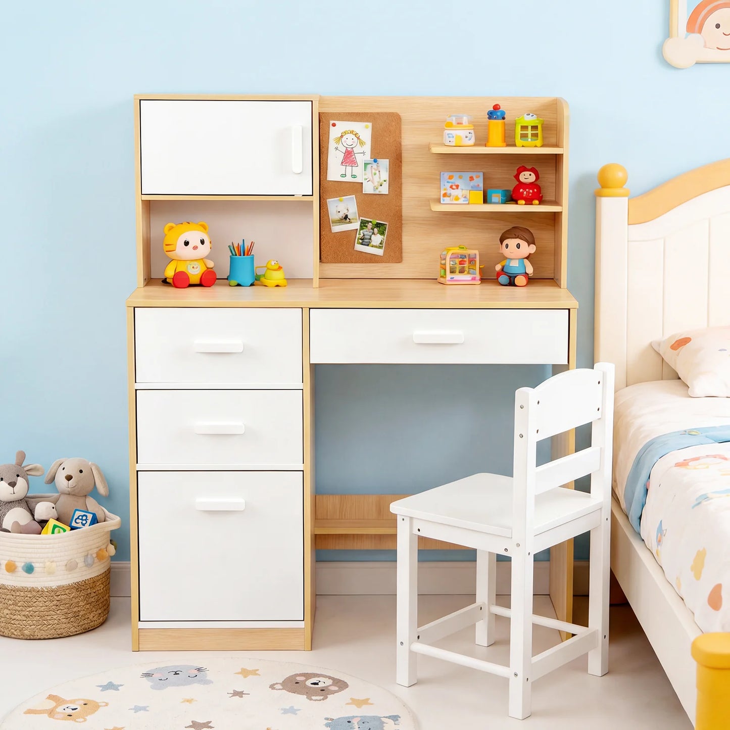 Kids Desk and Chair Set Study Table with Hutch Bulletin Board 3 Drawers-Grey
