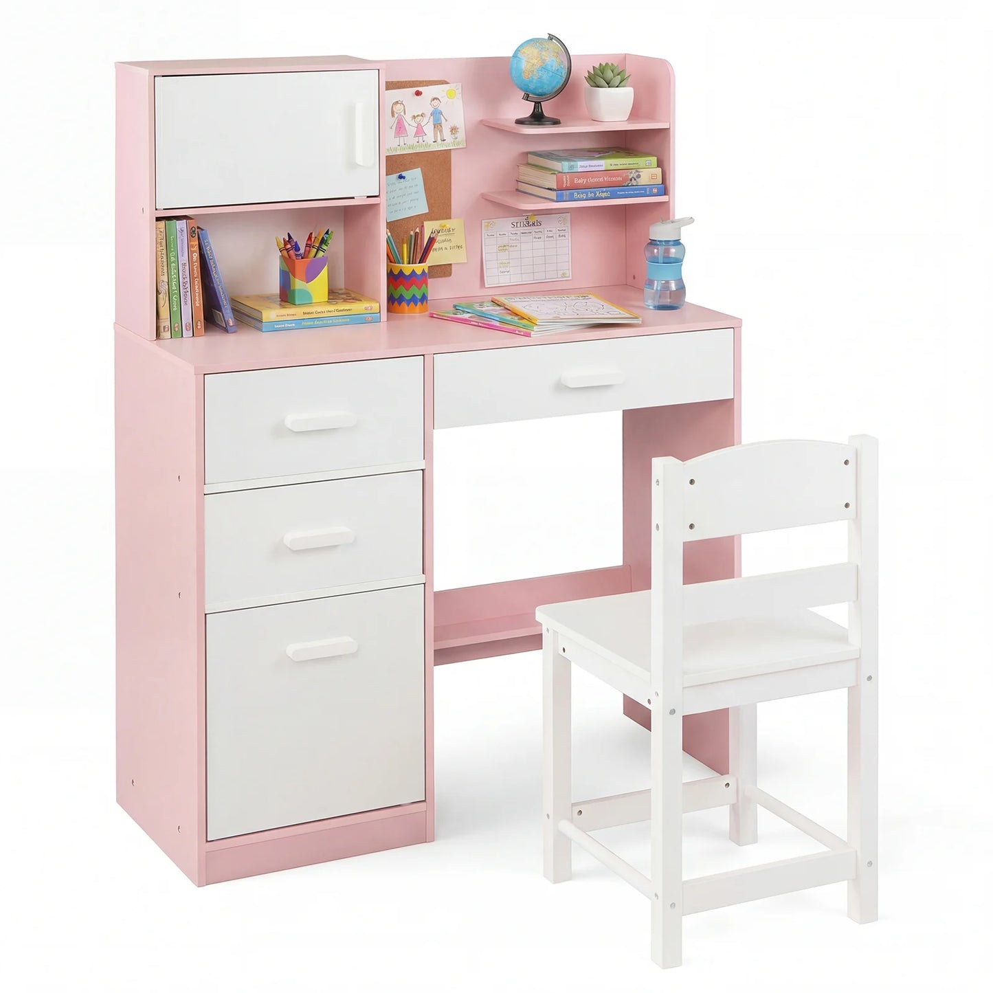 Kids Desk and Chair Set Study Table with Hutch Bulletin Board 3 Drawers-Grey