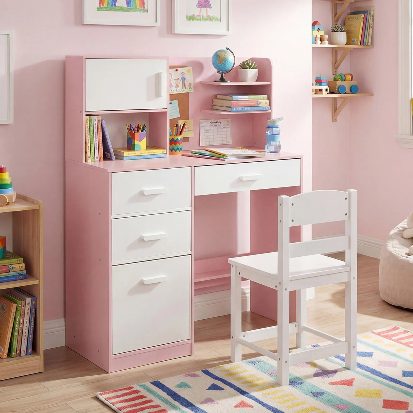 Kids Desk and Chair Set Study Table with Hutch Bulletin Board 3 Drawers-Grey