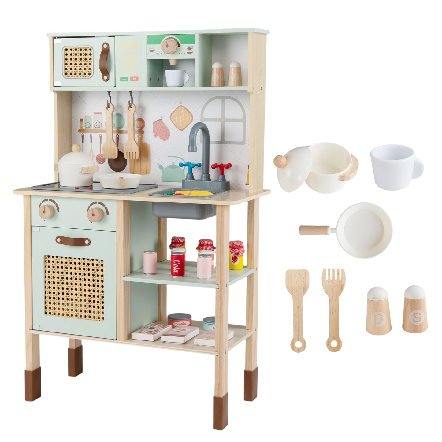 Kids Play Kitchen Wooden Pretend Kitchen Playset with Rattan Doors Wood Legs-Green