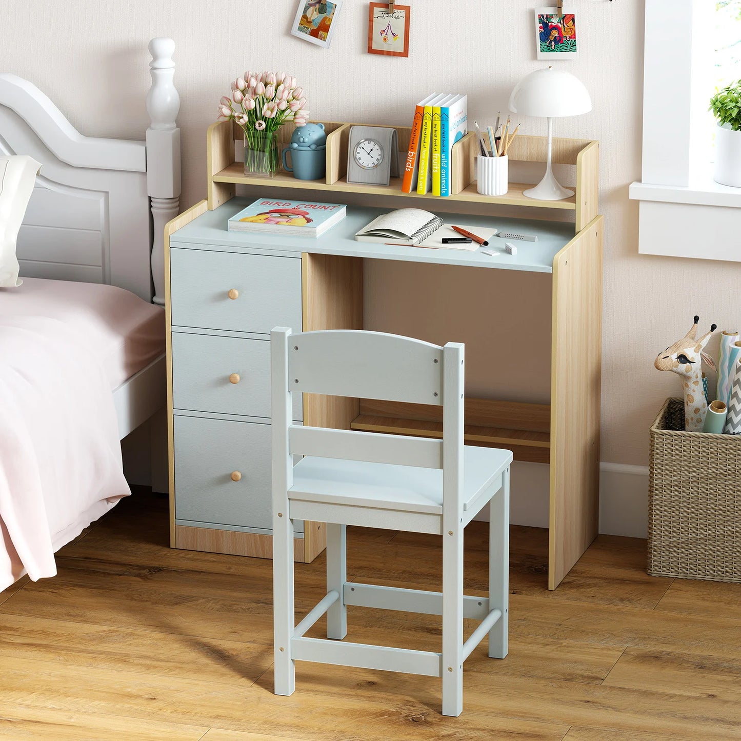 Kids Study Desk and Chair Set Wooden Children Writing Desk with Hutch-Grey