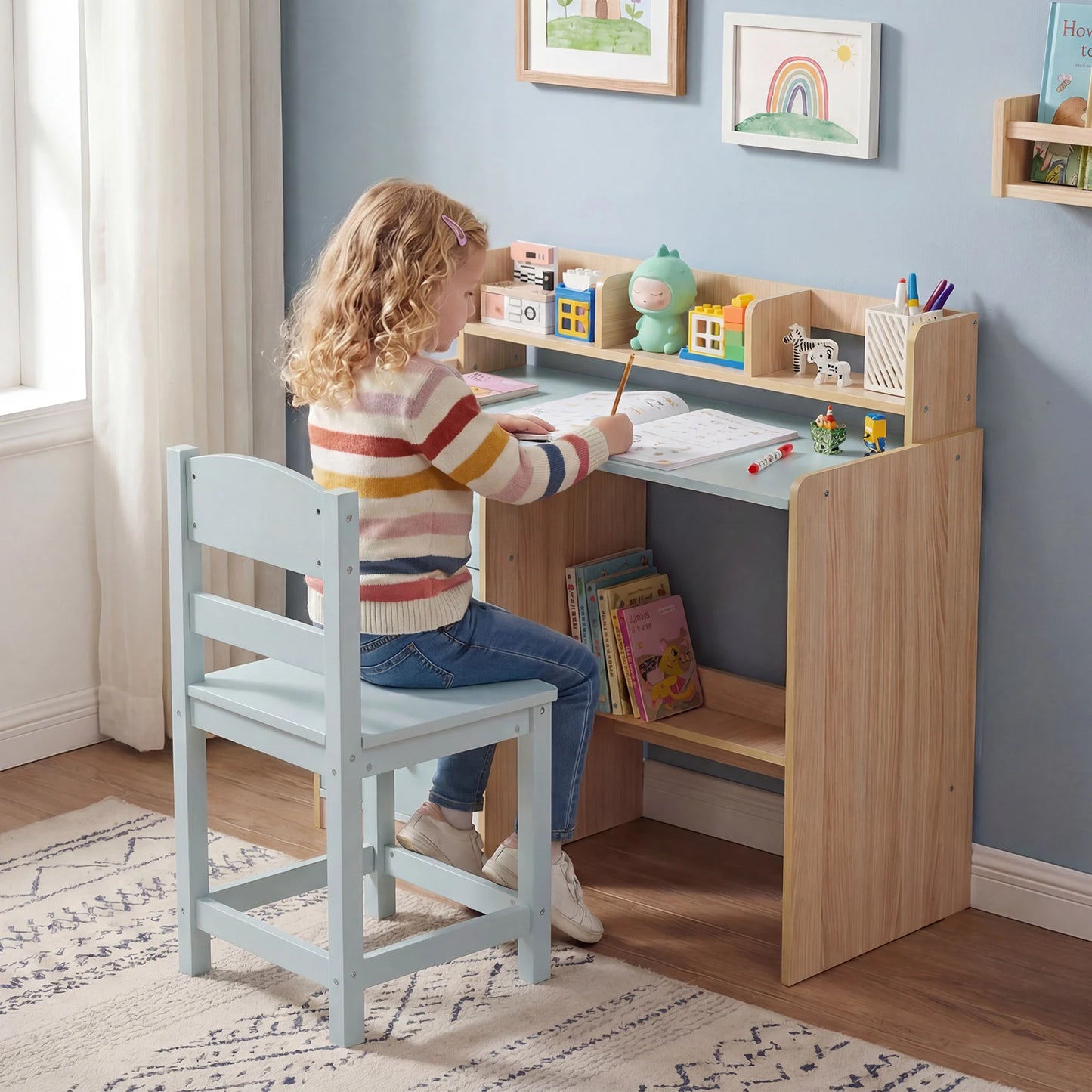 Kids Study Desk and Chair Set Wooden Children Writing Desk with Hutch-Grey