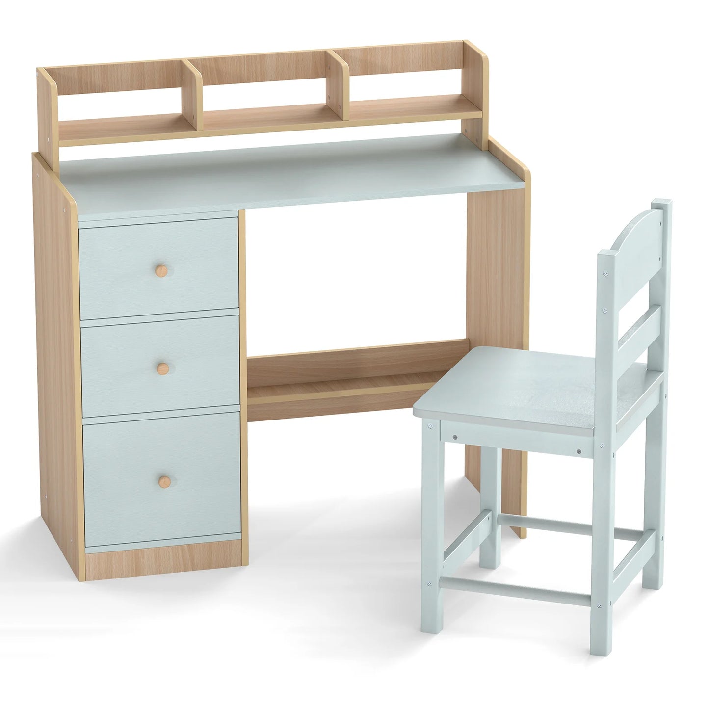 Kids Study Desk and Chair Set Wooden Children Writing Desk with Hutch-Grey