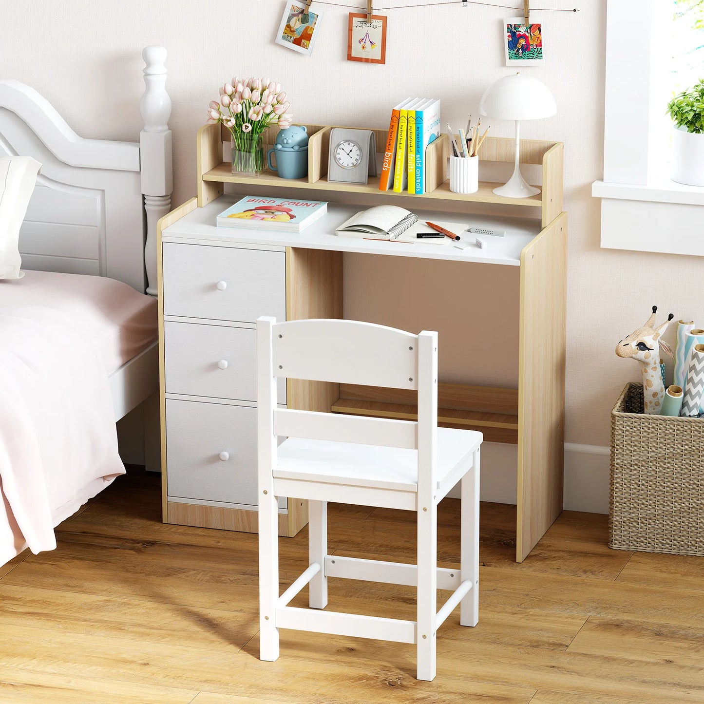 Kids Study Desk and Chair Set Wooden Children Writing Desk with Hutch-Grey