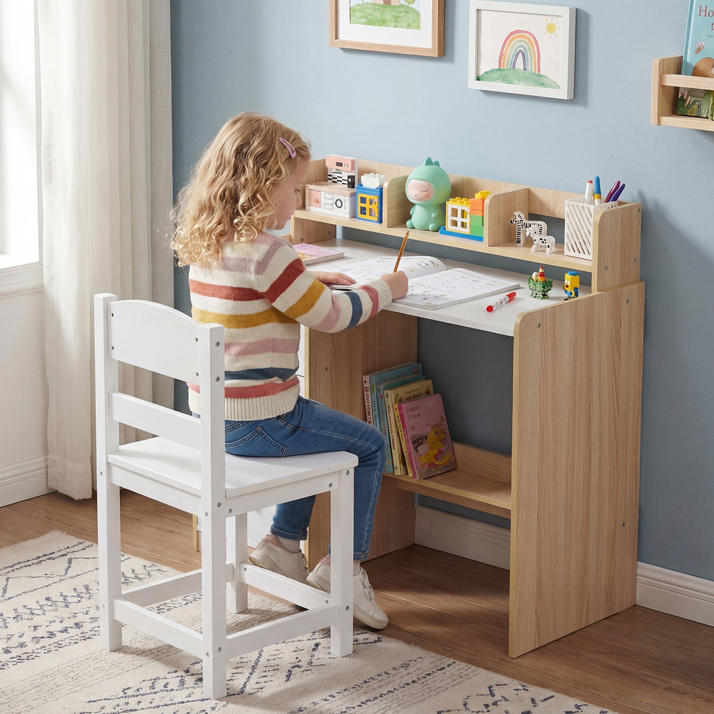 Kids Study Desk and Chair Set Wooden Children Writing Desk with Hutch-Grey