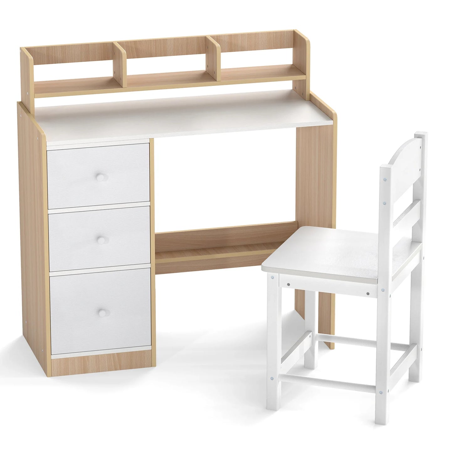 Kids Study Desk and Chair Set Wooden Children Writing Desk with Hutch-Grey