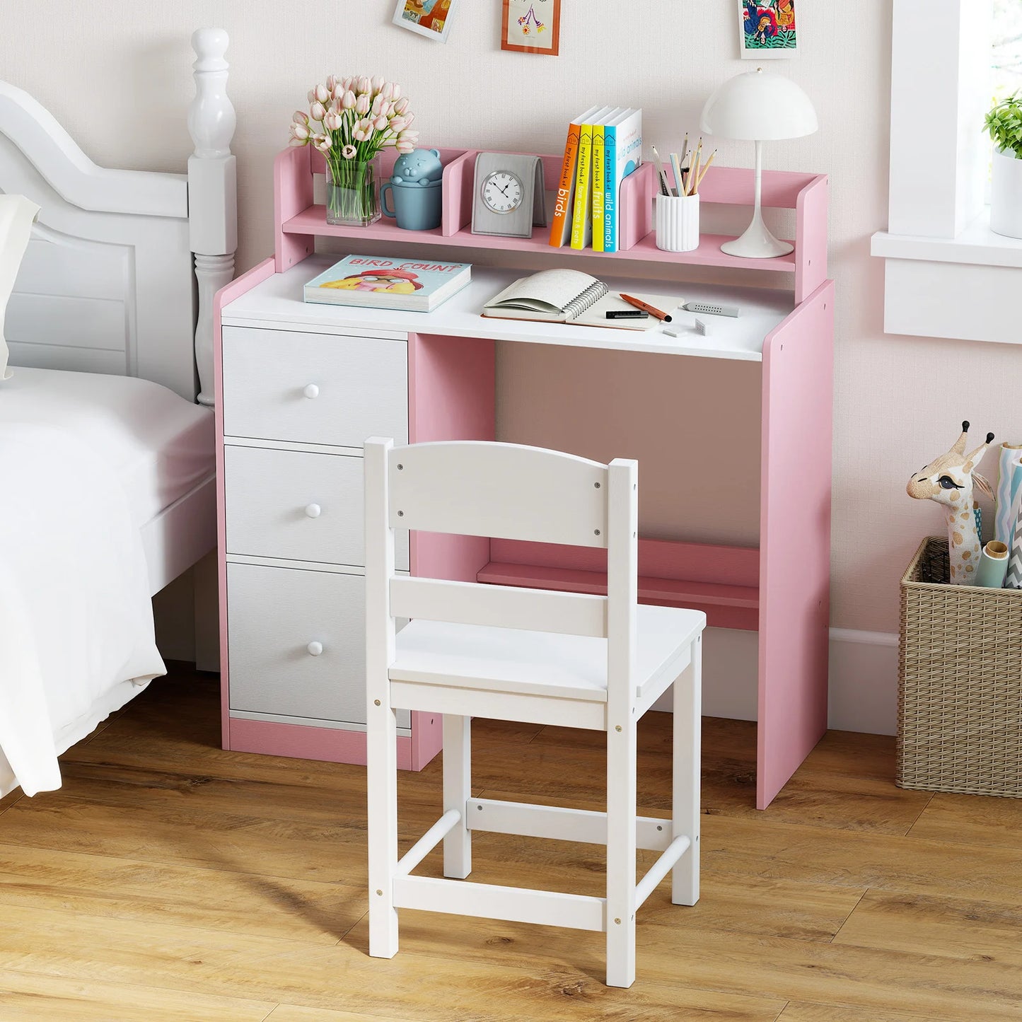 Kids Study Desk and Chair Set Wooden Children Writing Desk with Hutch-Grey