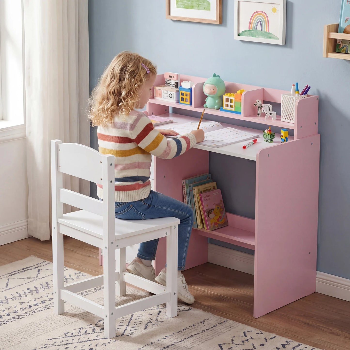 Kids Study Desk and Chair Set Wooden Children Writing Desk with Hutch-Grey