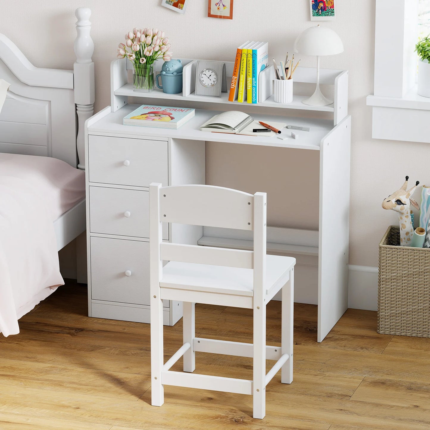 Kids Study Desk and Chair Set Wooden Children Writing Desk with Hutch-Grey