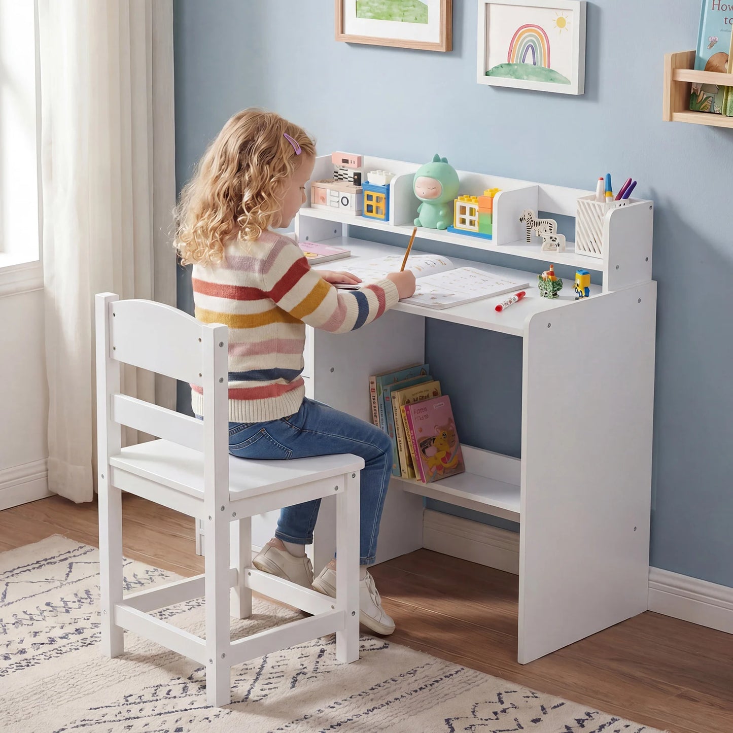 Kids Study Desk and Chair Set Wooden Children Writing Desk with Hutch-Grey