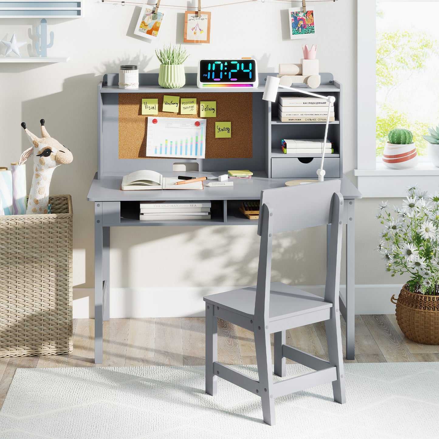 Kids Study Desk and Chair Set Wooden Students Writing Table-Black