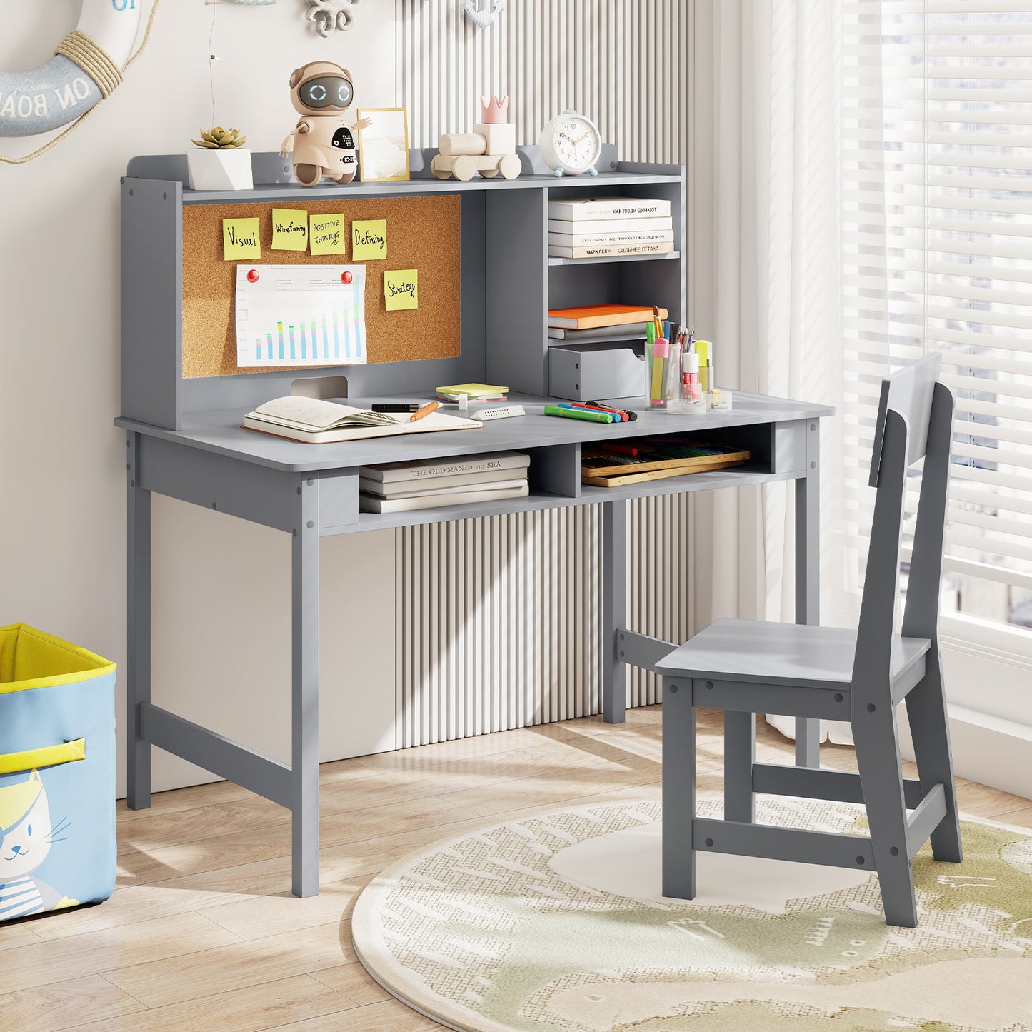 Kids Study Desk and Chair Set Wooden Students Writing Table-Black
