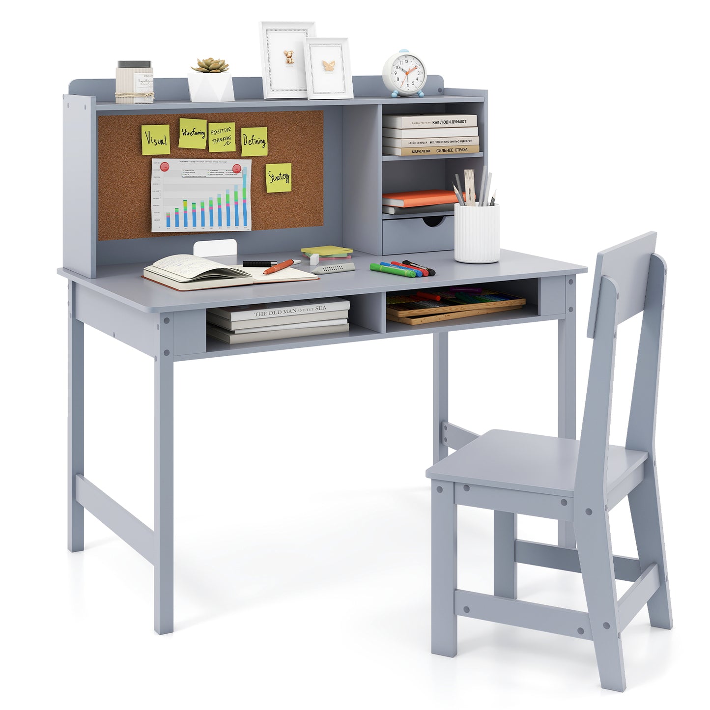 Kids Study Desk and Chair Set Wooden Students Writing Table-Black