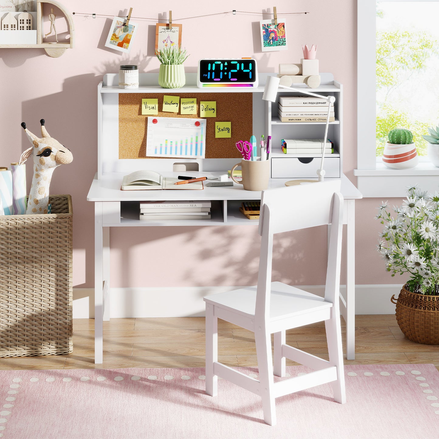 Kids Study Desk and Chair Set Wooden Students Writing Table-Black