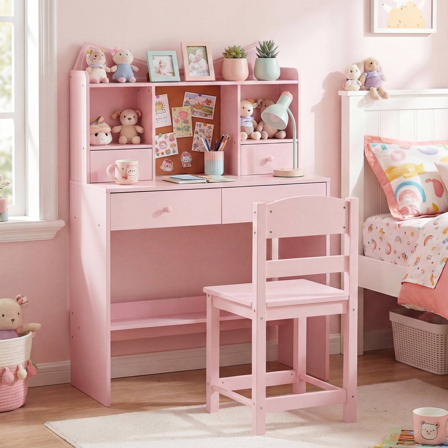 Kids Study Desk and Chair Set with Open Shelves and Cork Bulletin Board-Pink