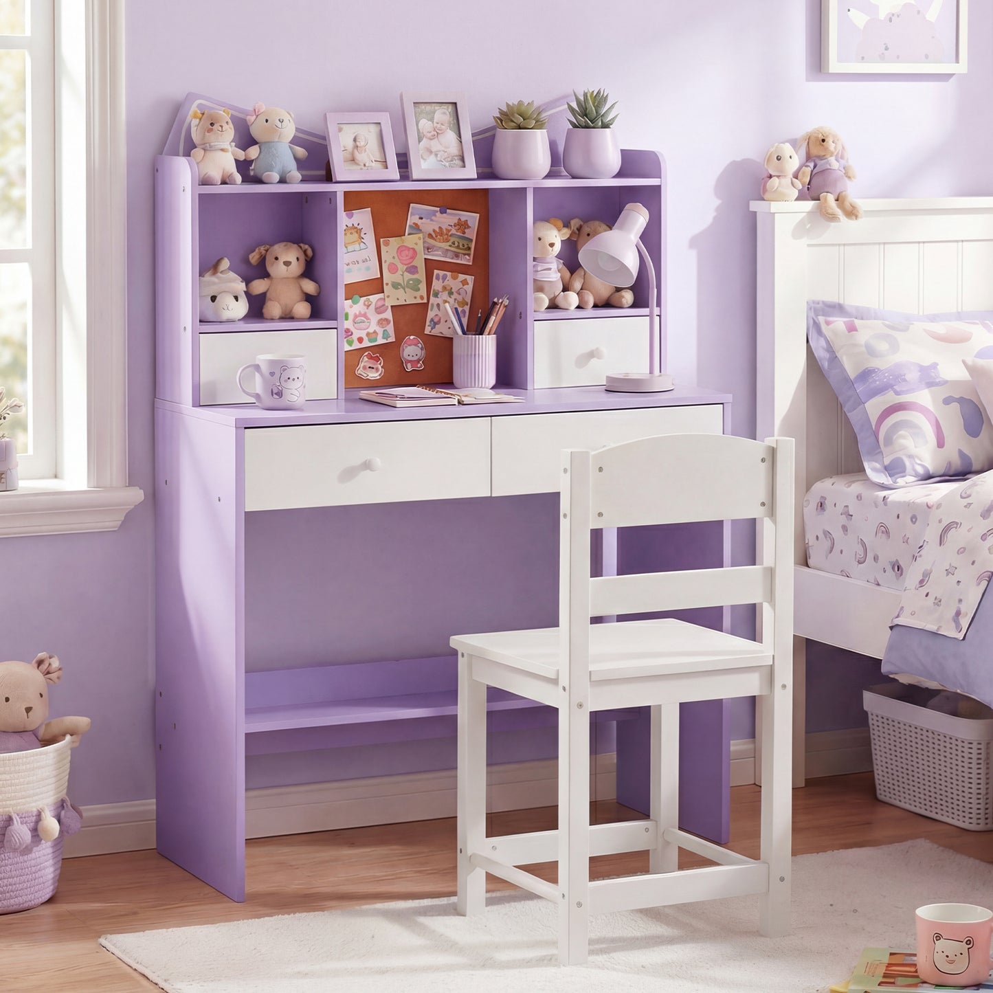 Kids Study Desk and Chair Set with Open Shelves and Cork Bulletin Board-Natural
