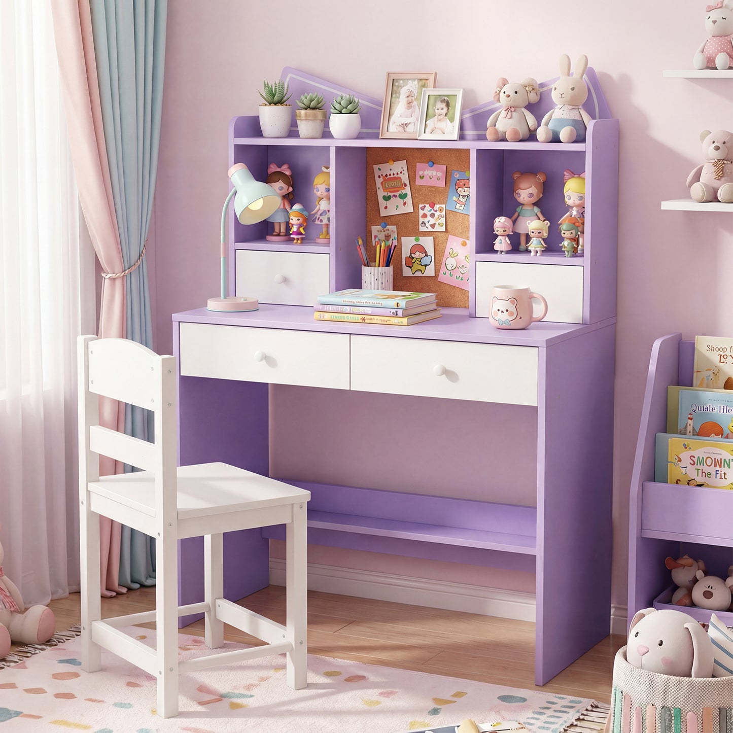 Kids Study Desk and Chair Set with Open Shelves and Cork Bulletin Board-Natural