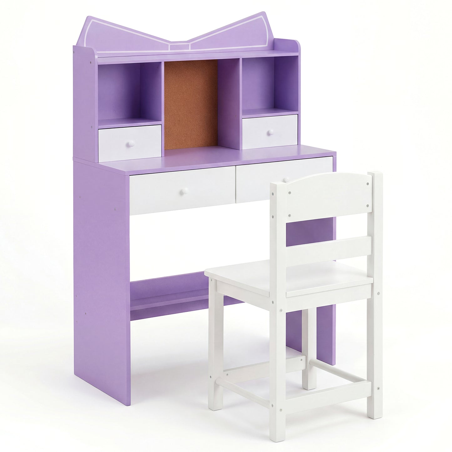 Kids Study Desk and Chair Set with Open Shelves and Cork Bulletin Board-Natural