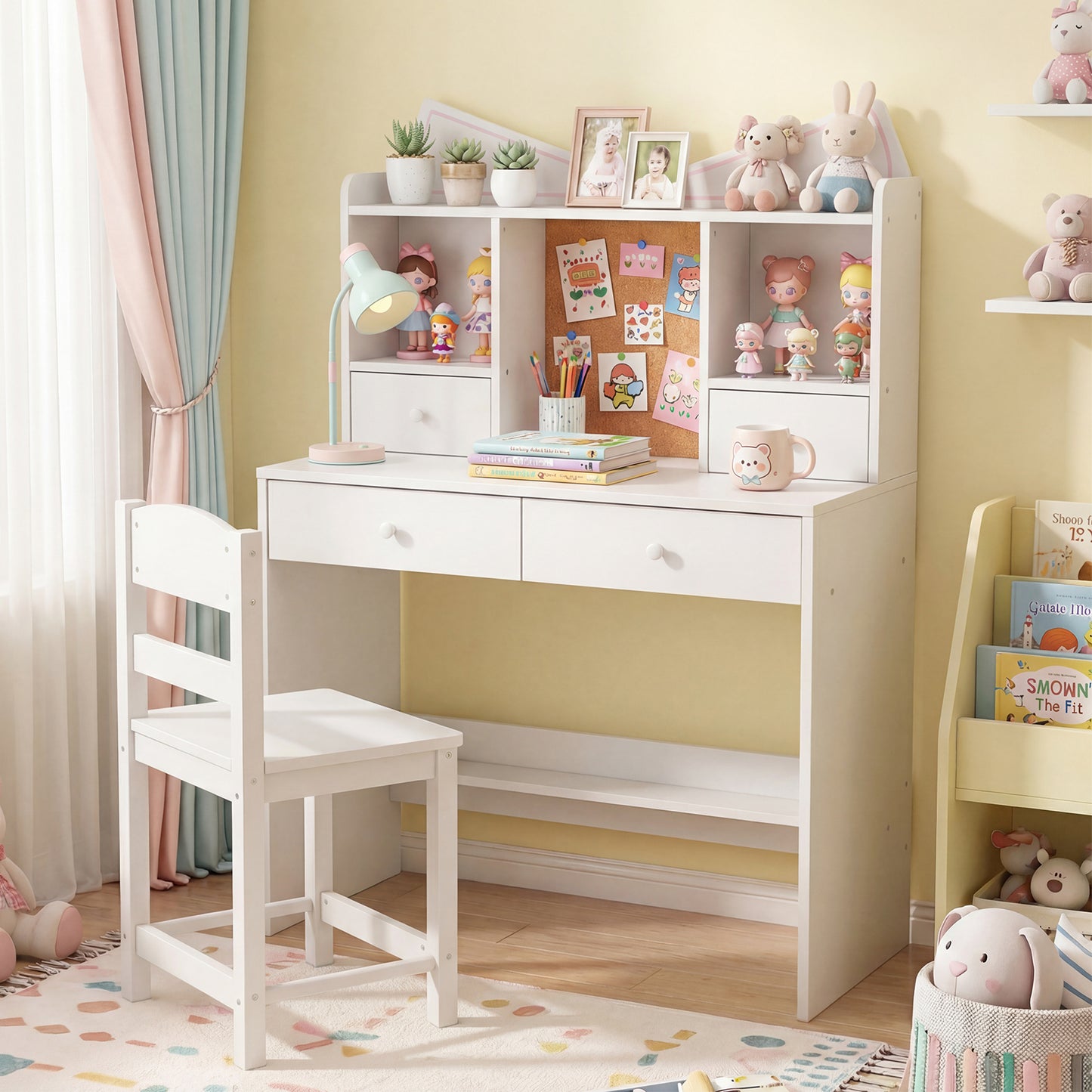 Kids Study Desk and Chair Set with Open Shelves and Cork Bulletin Board-Natural