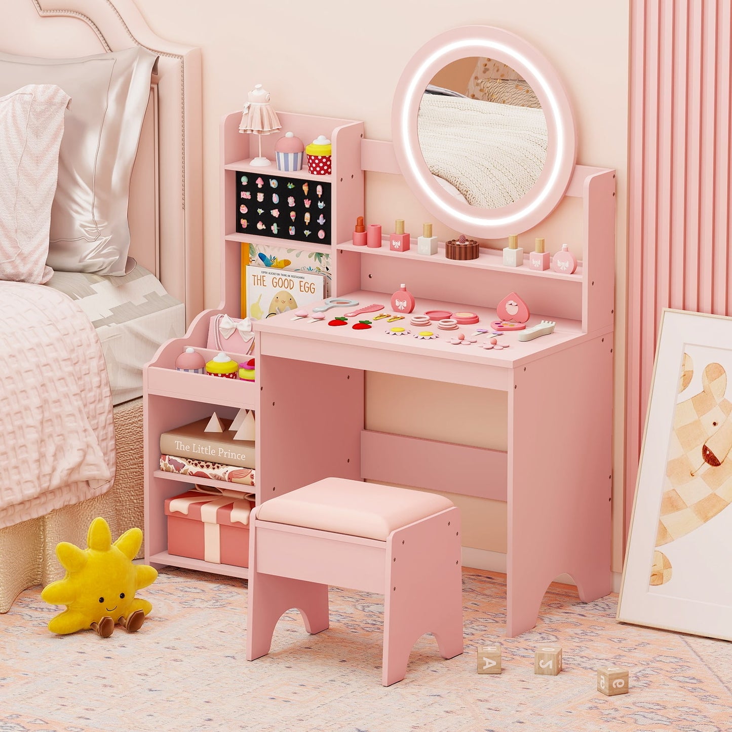 Kids Vanity Desk Princess Pretend Play Dressing Table Set with Mirror and Lights-White