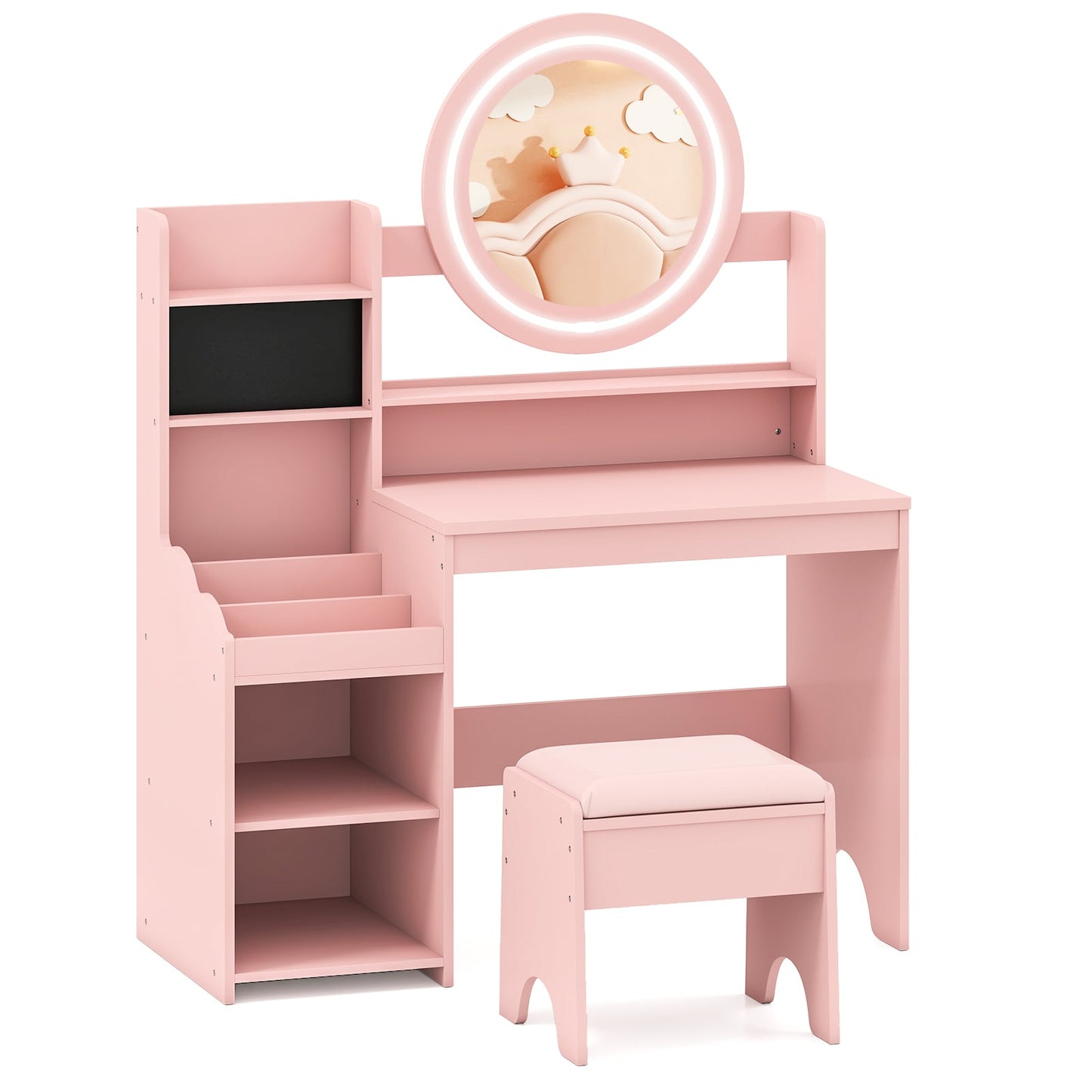 Kids Vanity Desk Princess Pretend Play Dressing Table Set with Mirror and Lights-White