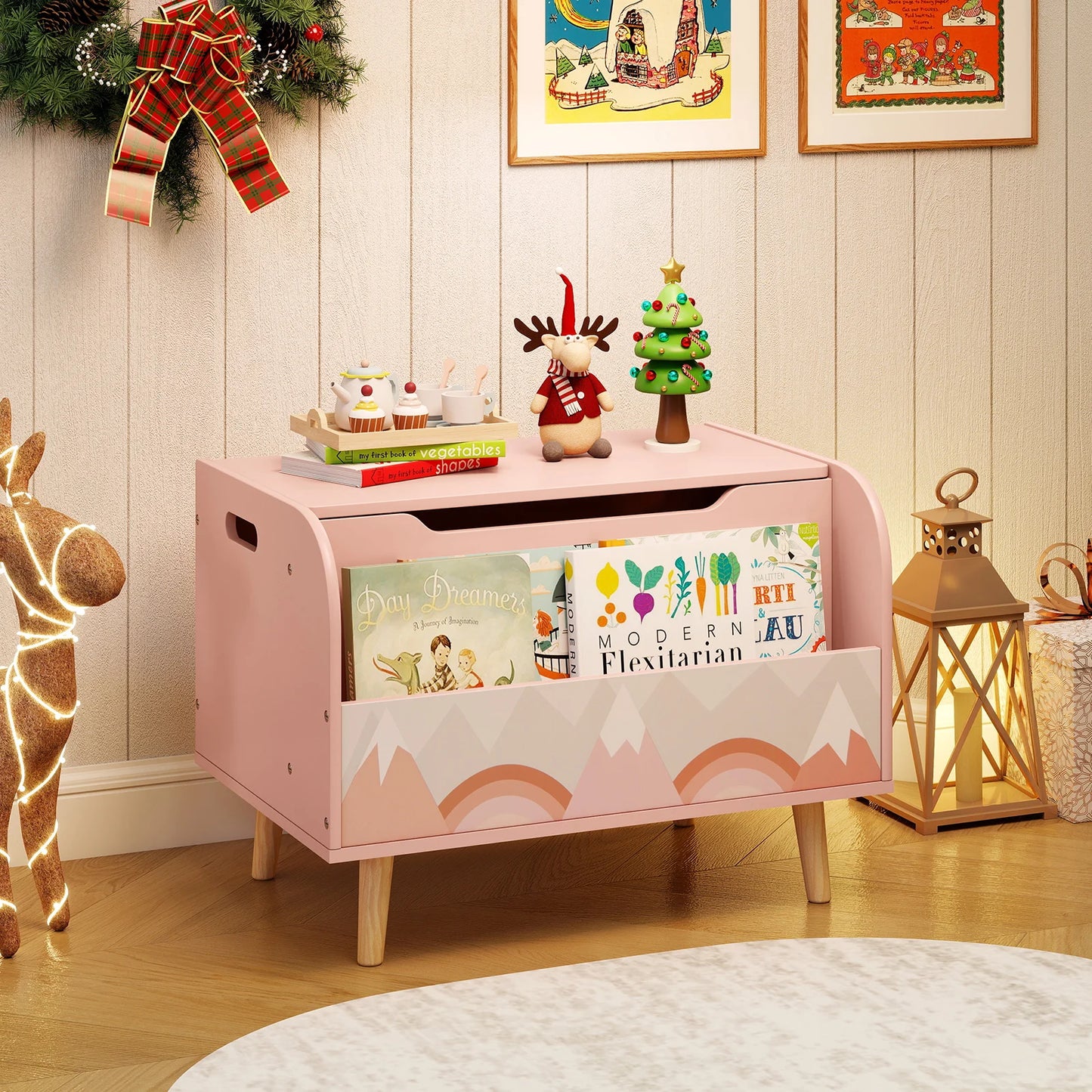 Kids Wooden Toy Box with Front Bookshelf 4 Solid Wood Legs-Pink