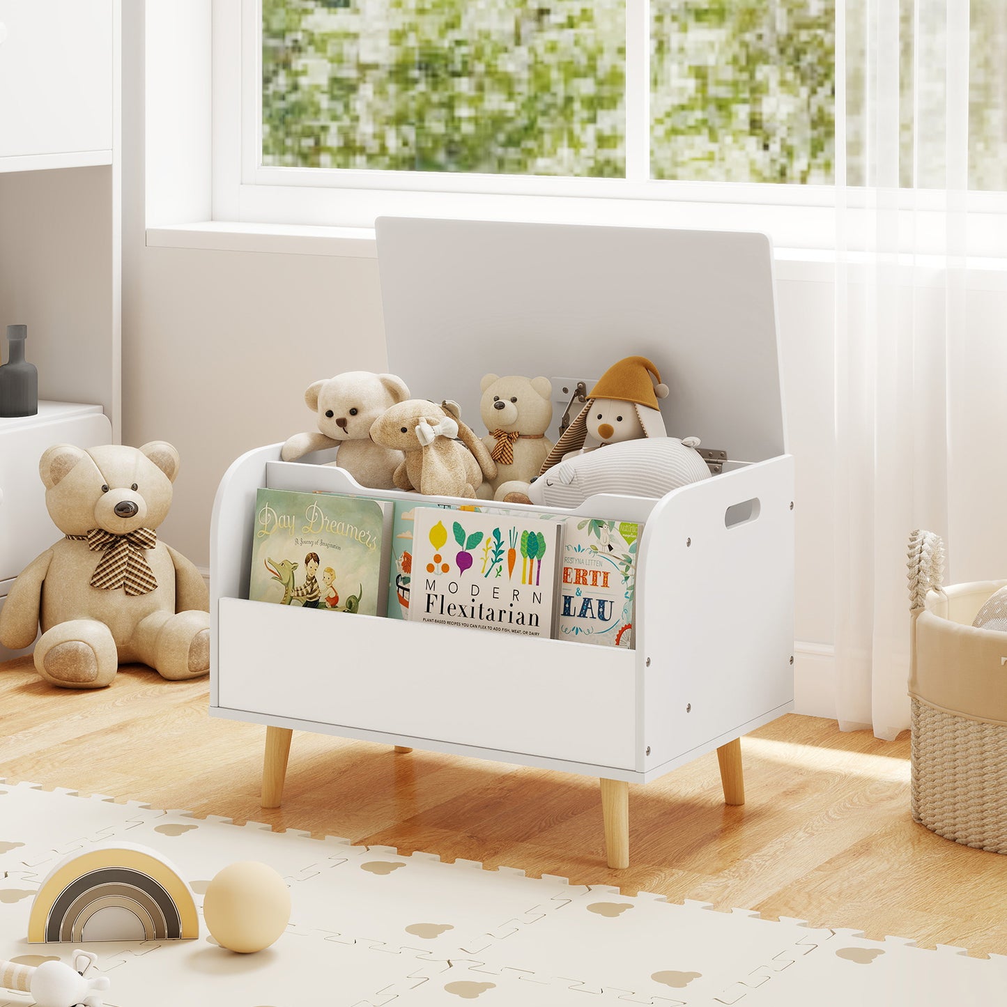 Kids Wooden Toy Box with Front Bookshelf 4 Solid Wood Legs-Pink