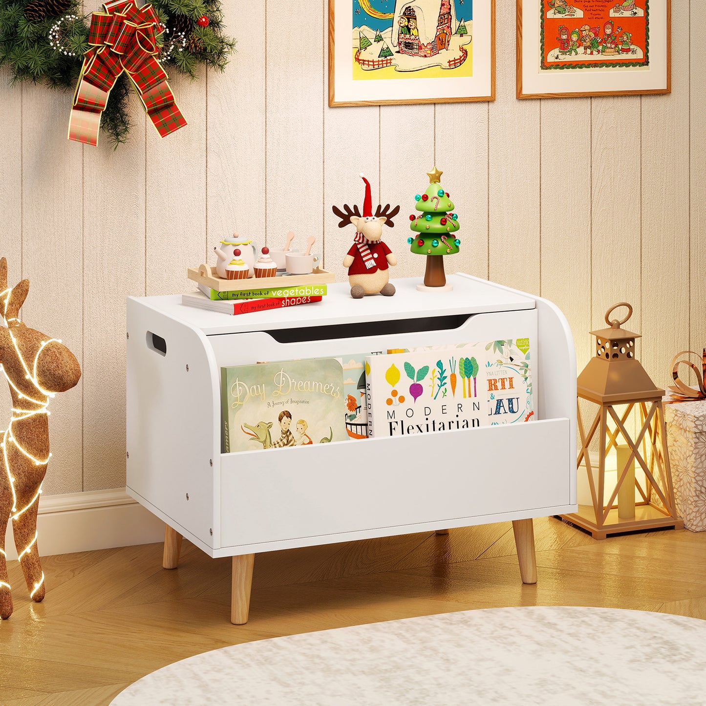 Kids Wooden Toy Box with Front Bookshelf 4 Solid Wood Legs-Pink